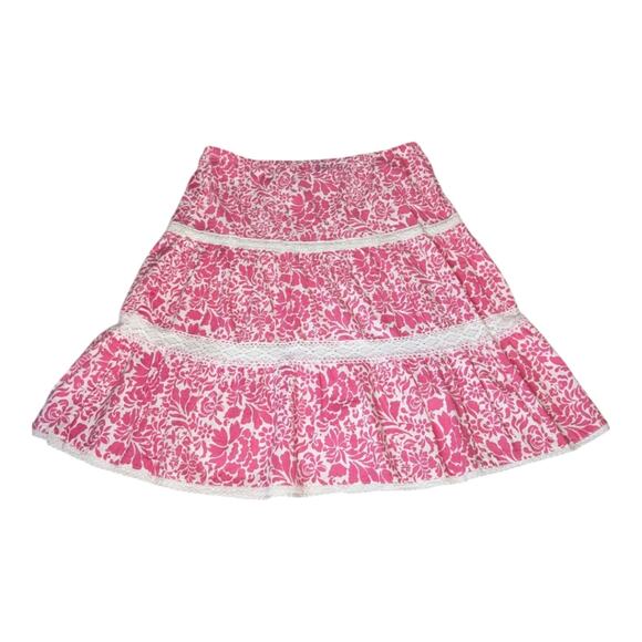 Y2K Low Waist Floral Print Tiered Peasant Prairie Skirt Crochet Lace Trim Pink 6 - Picture 2 of 5